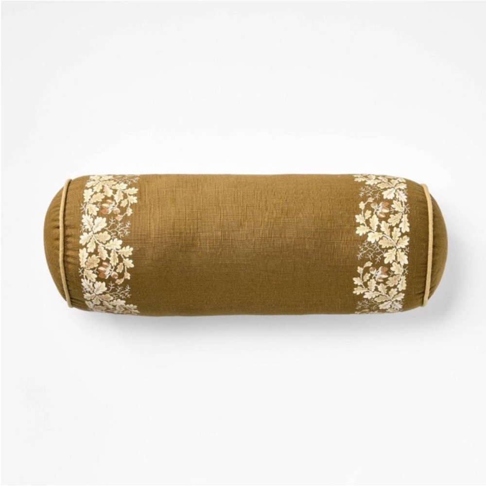 Threshold Olive Leaf Printed Floral Bolster Pillow with Piping. 18” L x 7” W